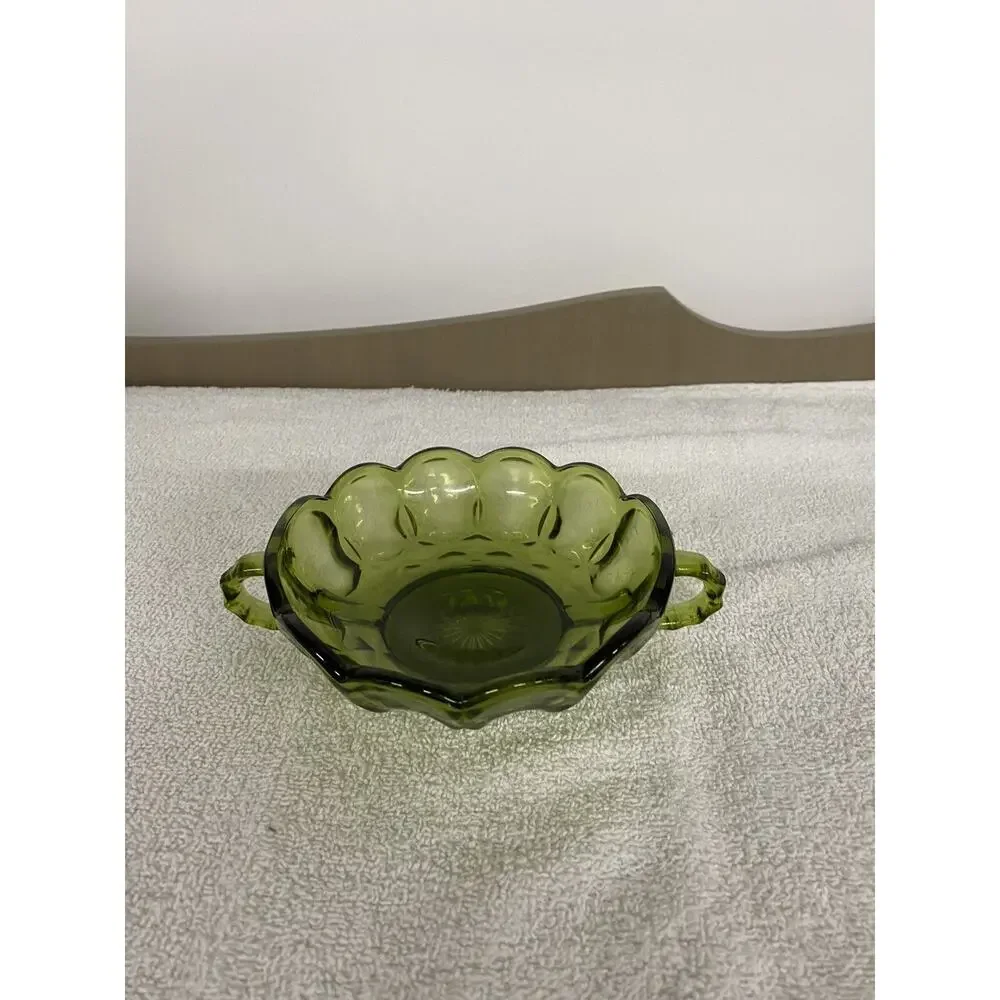 Vintage Avocado glass Anchor Hocking two-handled candy dish